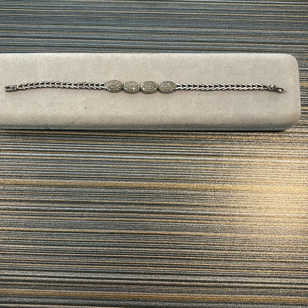 Art Deco sterling marcasite ovals chevron chain 925 silver bracelet